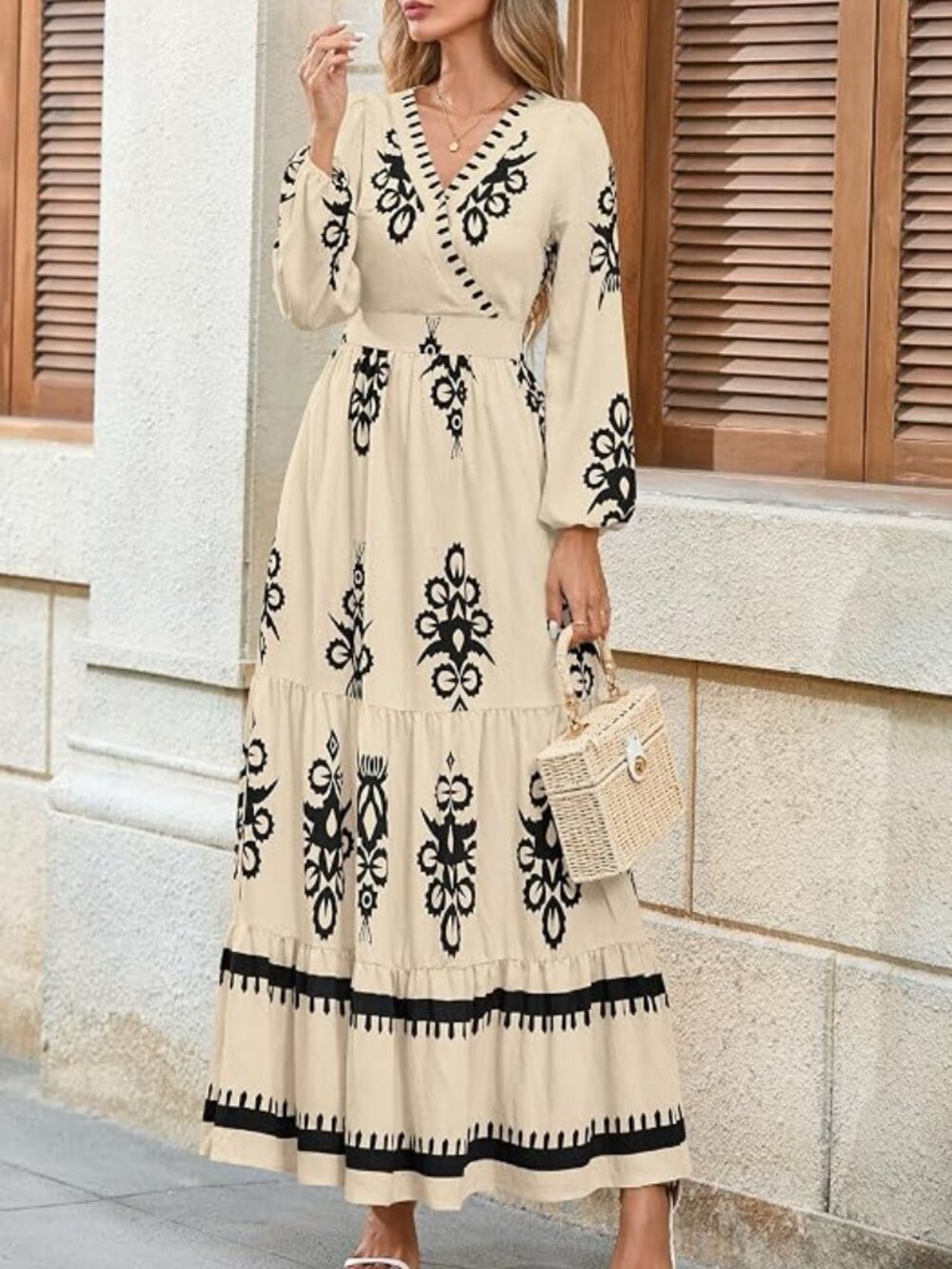 Floral Apricot Black Maxi Dress Long Sleeve Boho Wedding Guest